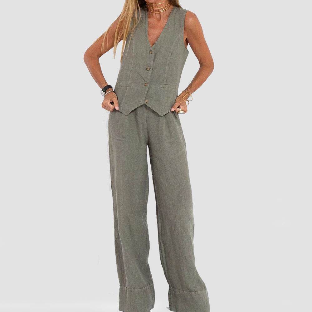 Ladies Summer Suit V-neck Sleeveless Top And Loose Trousers Casual Distinction ladys suit Distinguished Fine Apparel Olive Green L