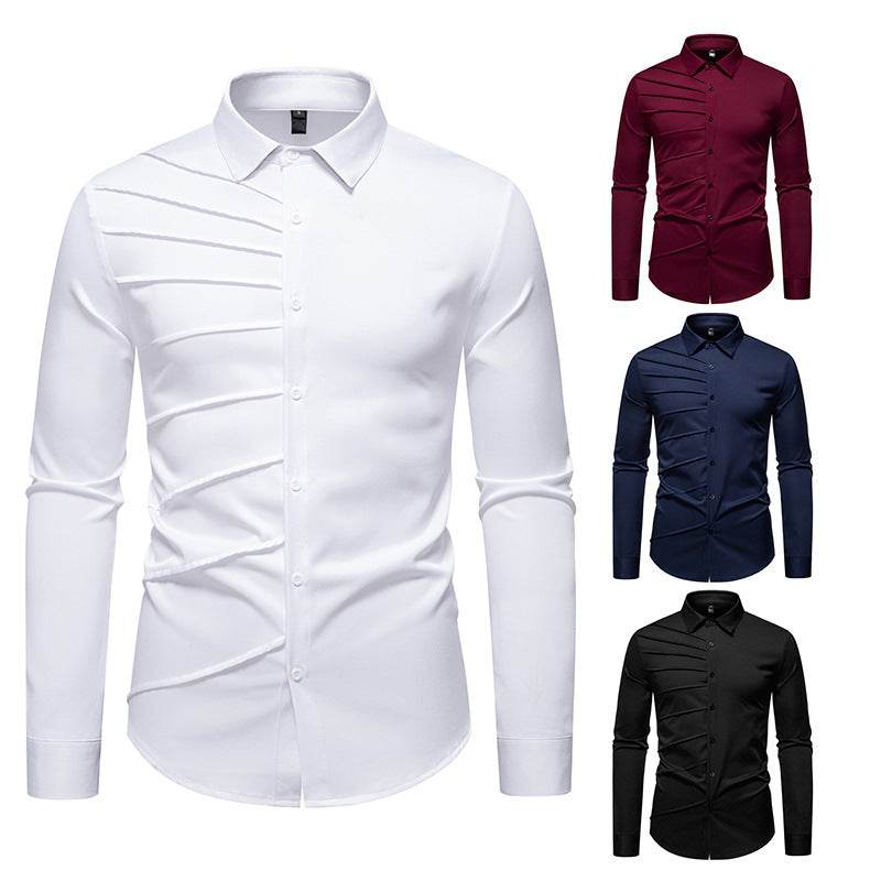 Men's Pleated Design Casual Long sleeved Shirt mens shirt Distinguished Fine Apparel