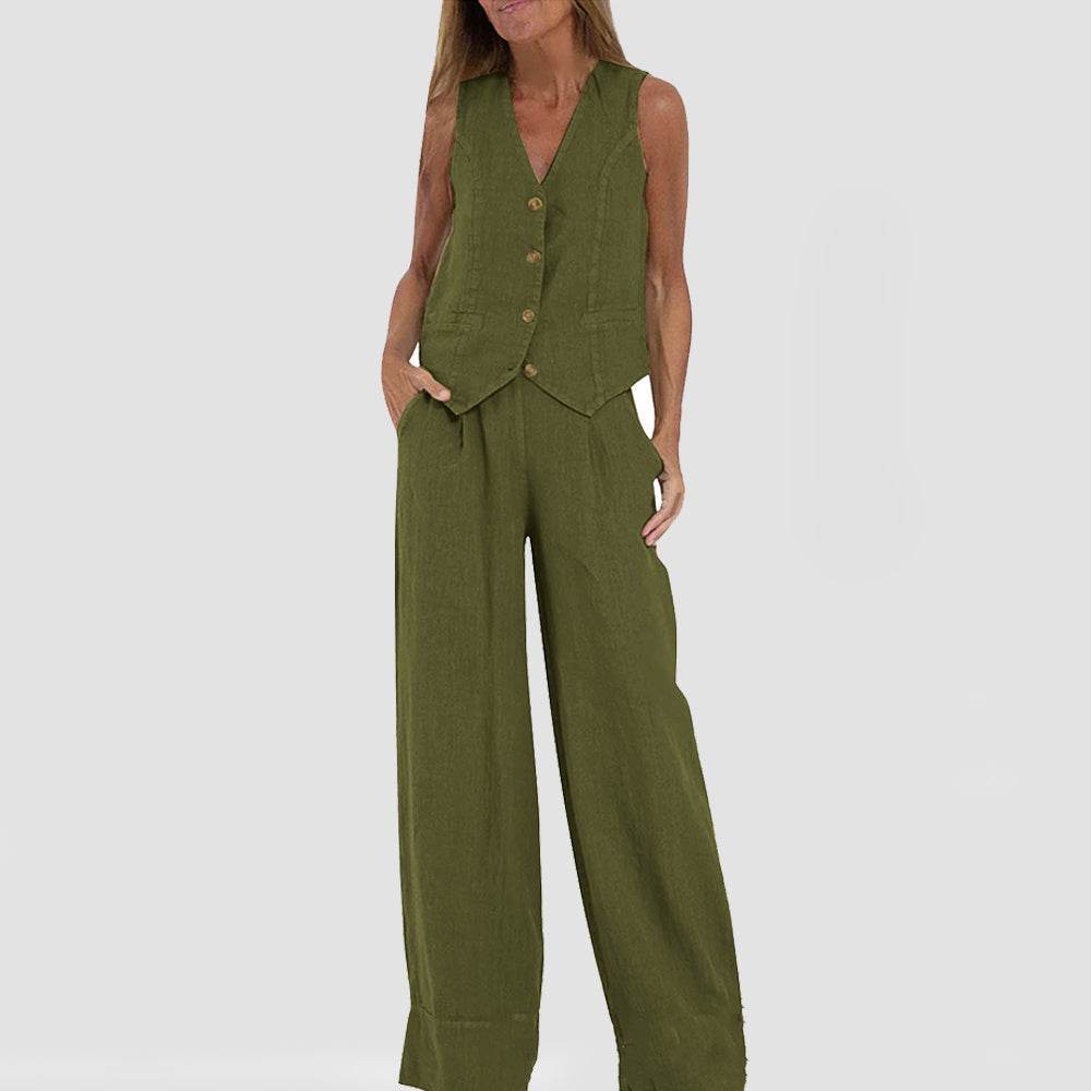 Ladies Summer Suit V-neck Sleeveless Top And Loose Trousers Casual Distinction ladys suit Distinguished Fine Apparel Green L