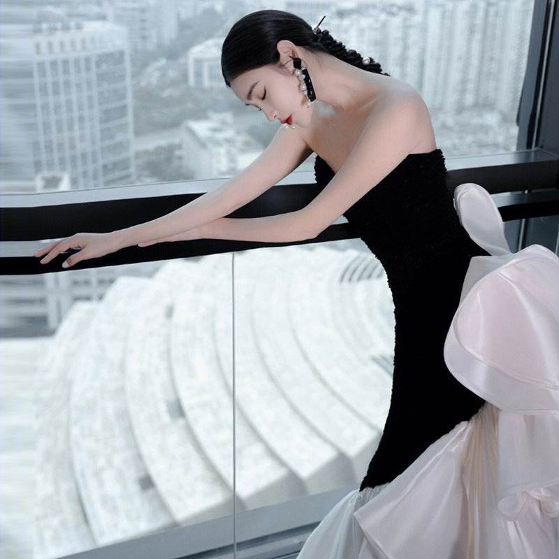 Sophisticated ladies Black and White Evening Gown - Opulent Elegance black white gown Distinguished Fine Apparel