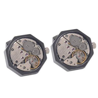 Eccentric High Grade Mechanical movement cuff links gents accessorys Distinguished Fine Apparel Black Octagon