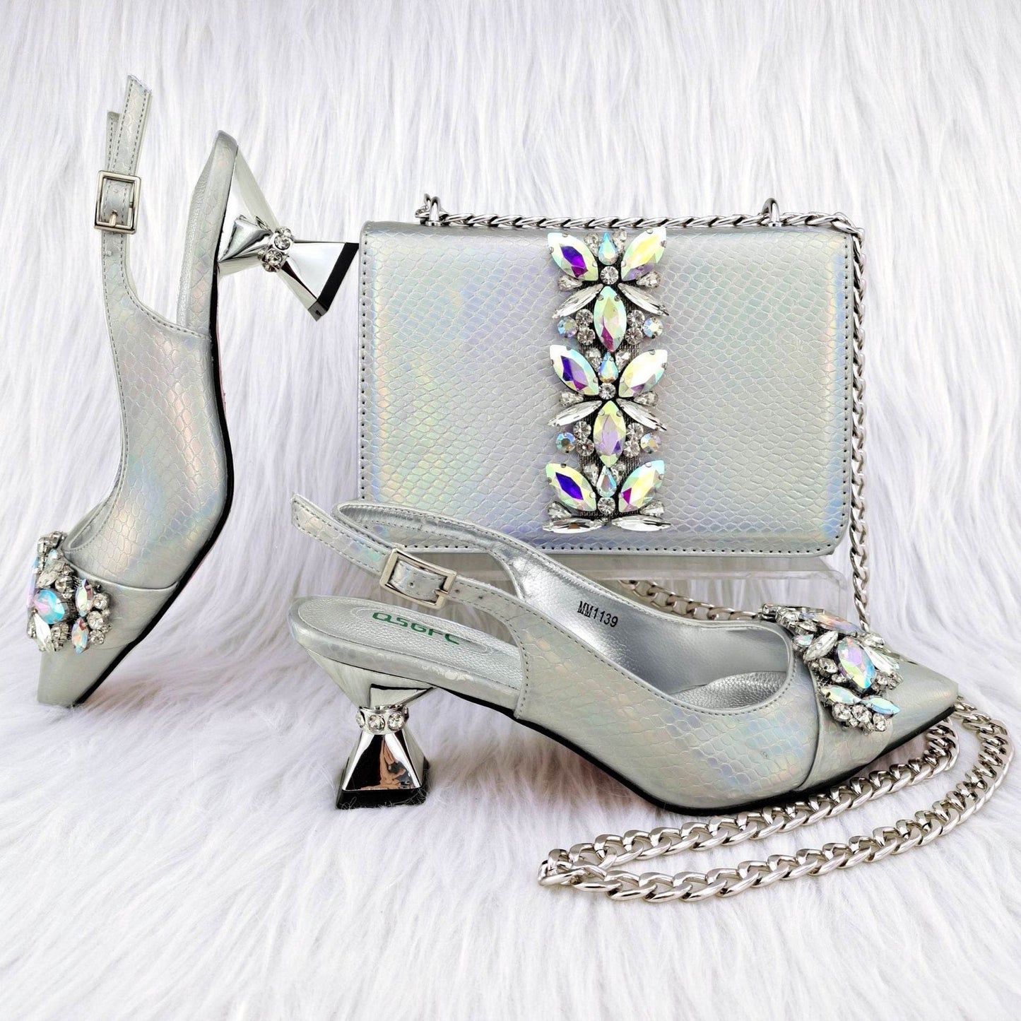 French Elegance Stiletto Heel & Convertible Handbag Set – Sophisticated Style Made Simple ladys foot wear Distinguished Fine Apparel Silver 38