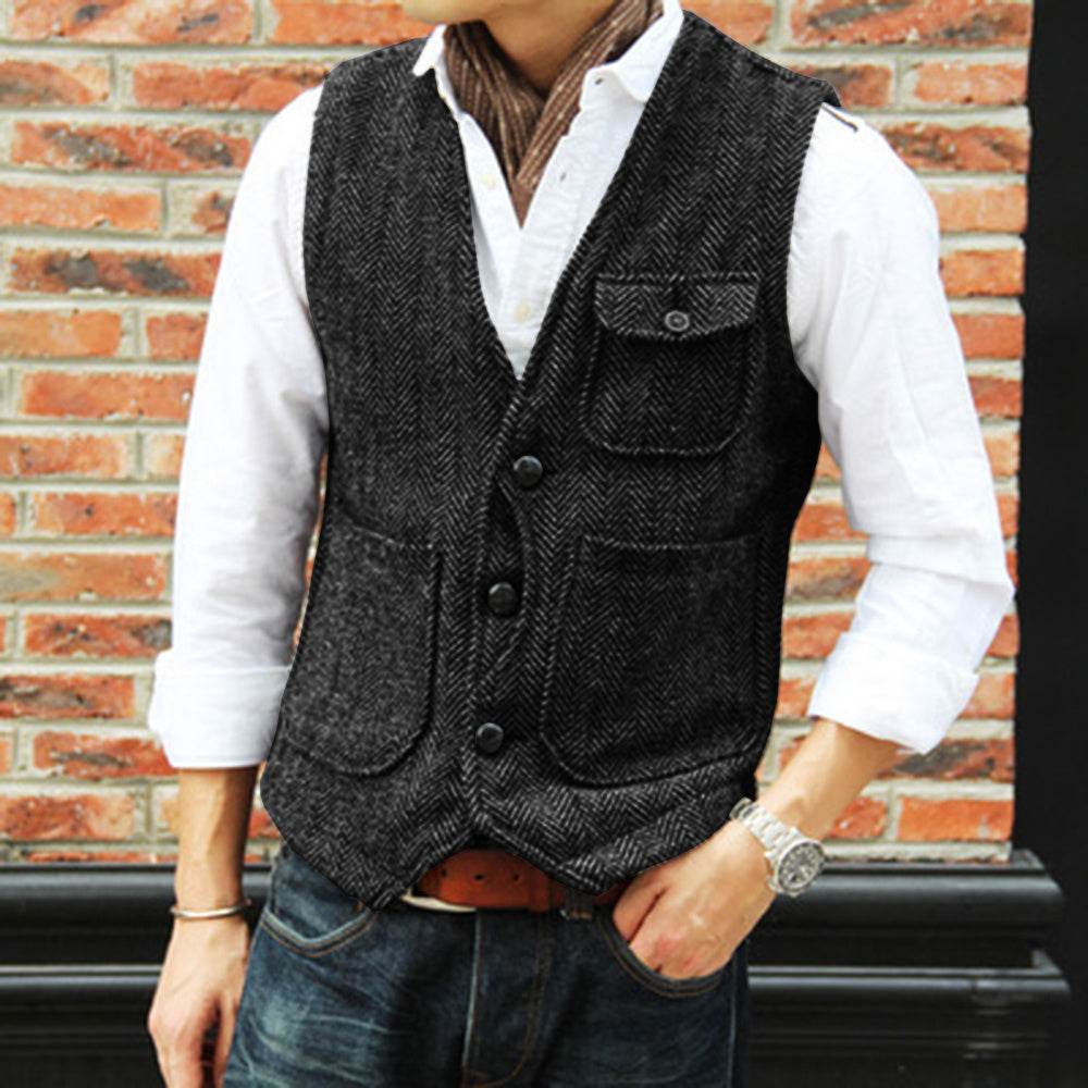 Herringbone Men's Suit Vest Vest mens vest Distinguished Fine Apparel Black 2XL