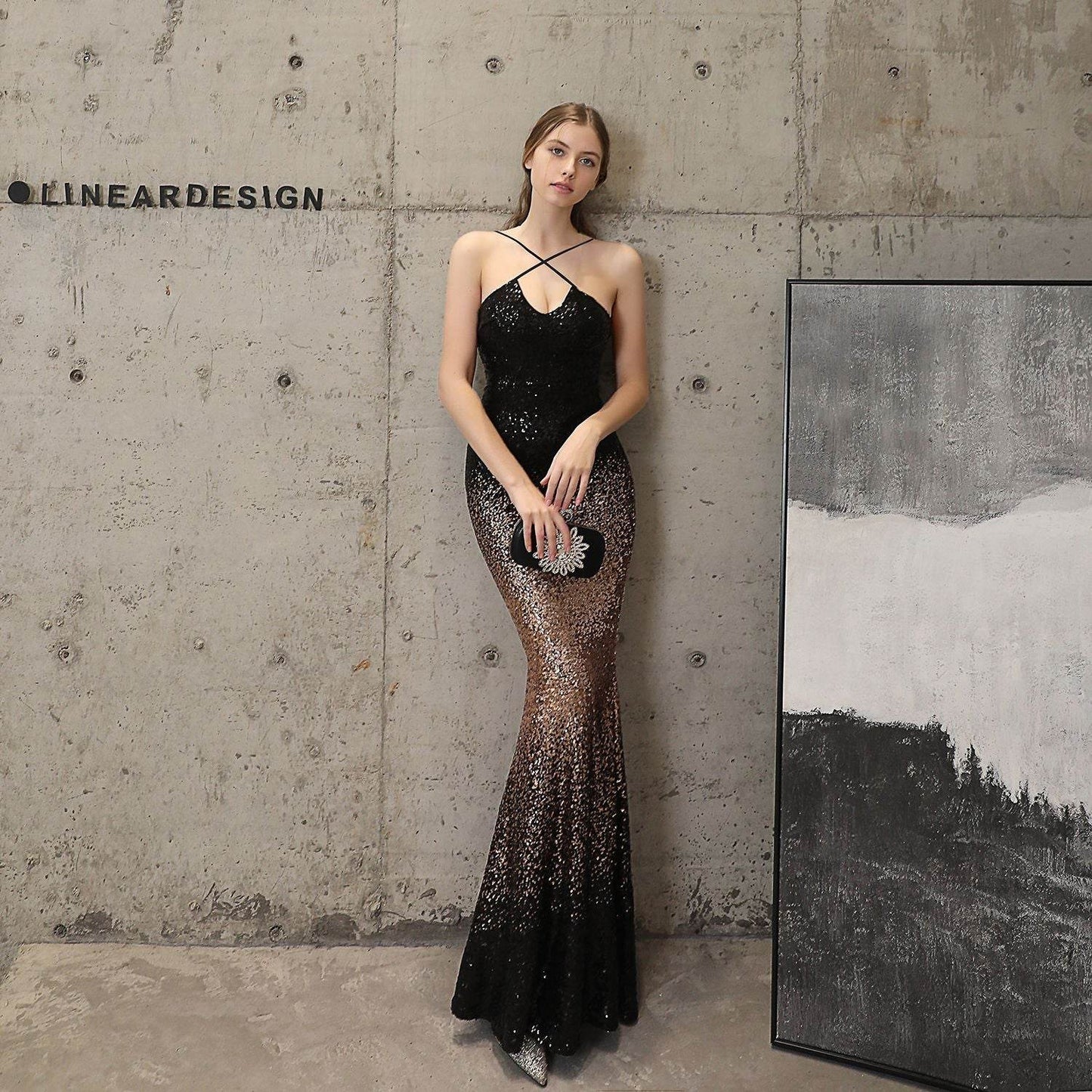 Sequin Party Dress Long Banquet Slim Fishtail Evening Dress lady's dresses Distinguished Fine Apparel Black Gold Black 2XL