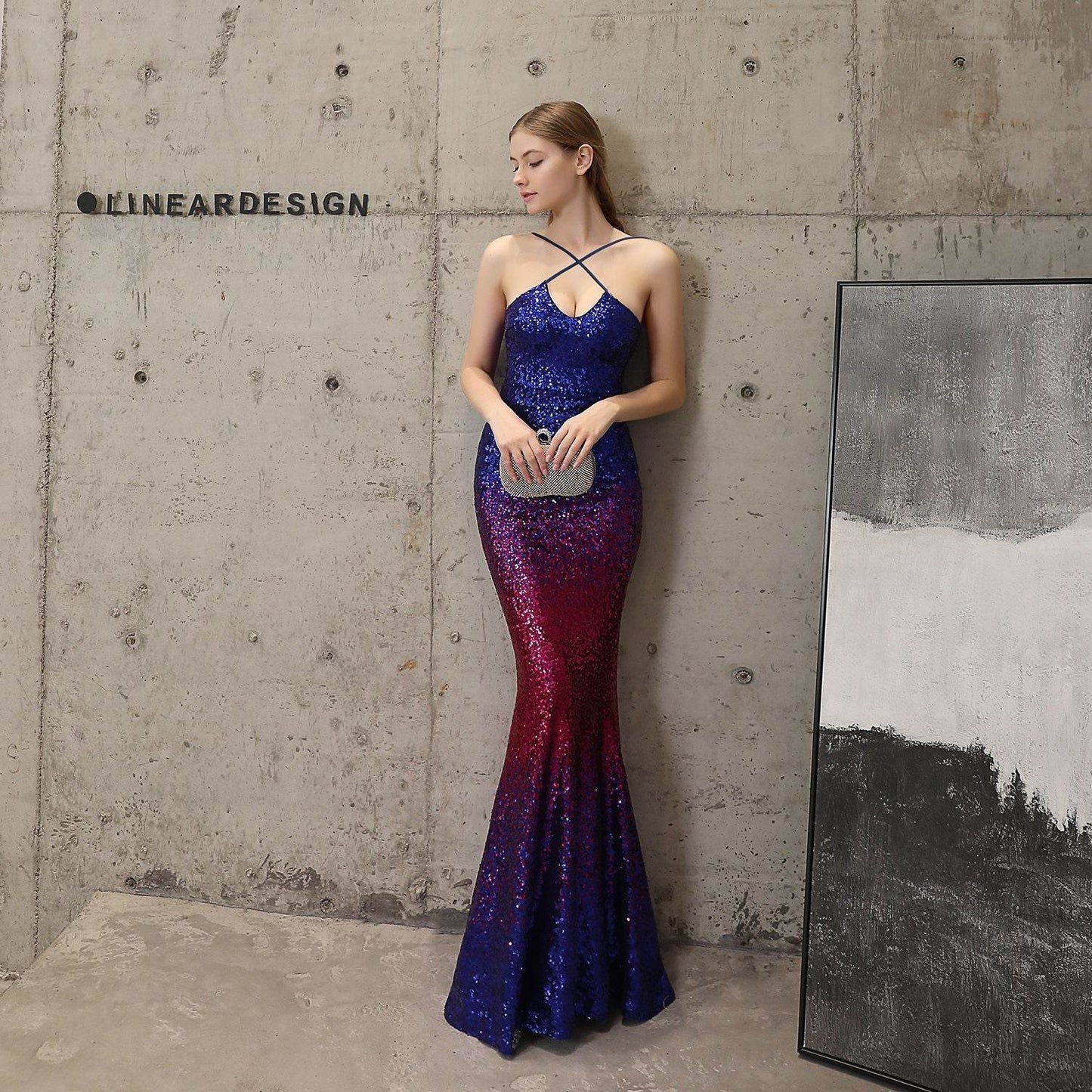 Sequin Party Dress Long Banquet Slim Fishtail Evening Dress lady's dresses Distinguished Fine Apparel Blue Red Blue 2XL