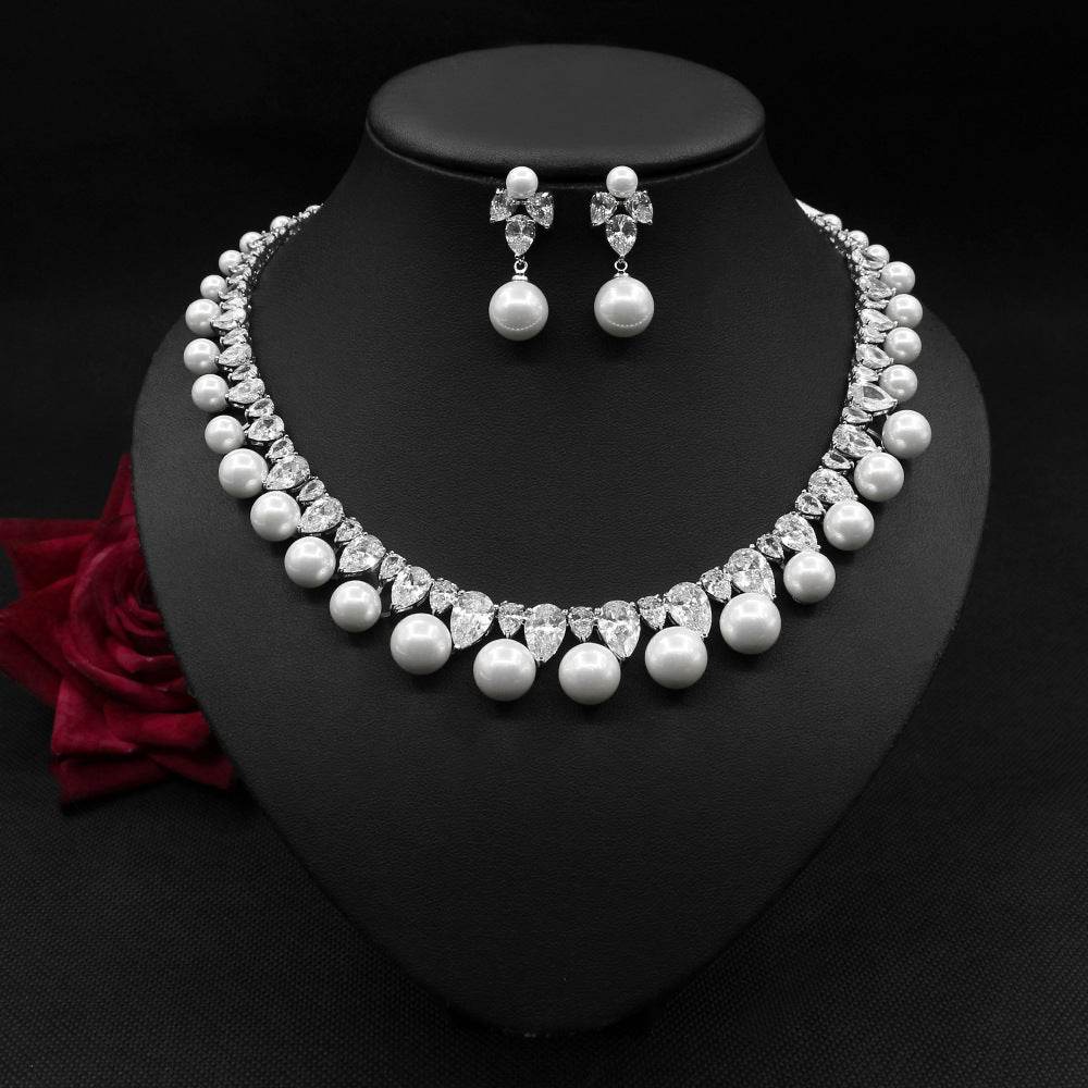 Pearl Zircon Jewelry Set – Elegant Earrings & Necklace for Special Evenings jewelry set Distinguished Fine Apparel White