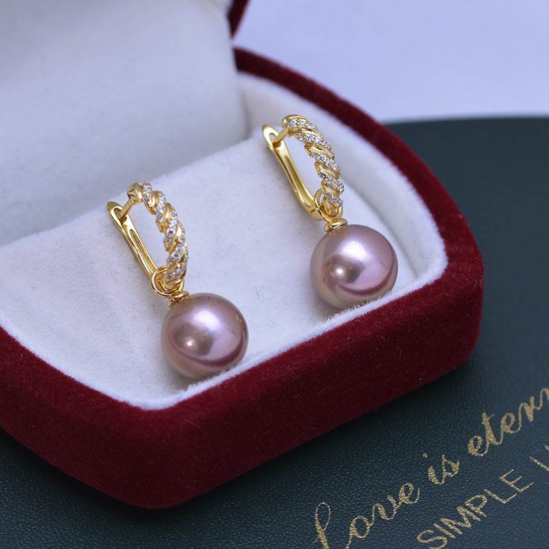Freshwater White Pearl Earrings – 11–12mm, Perfect Circle, Fine Quality Luster ladys earrings Distinguished Fine Apparel S925 Gold Purple Pearl