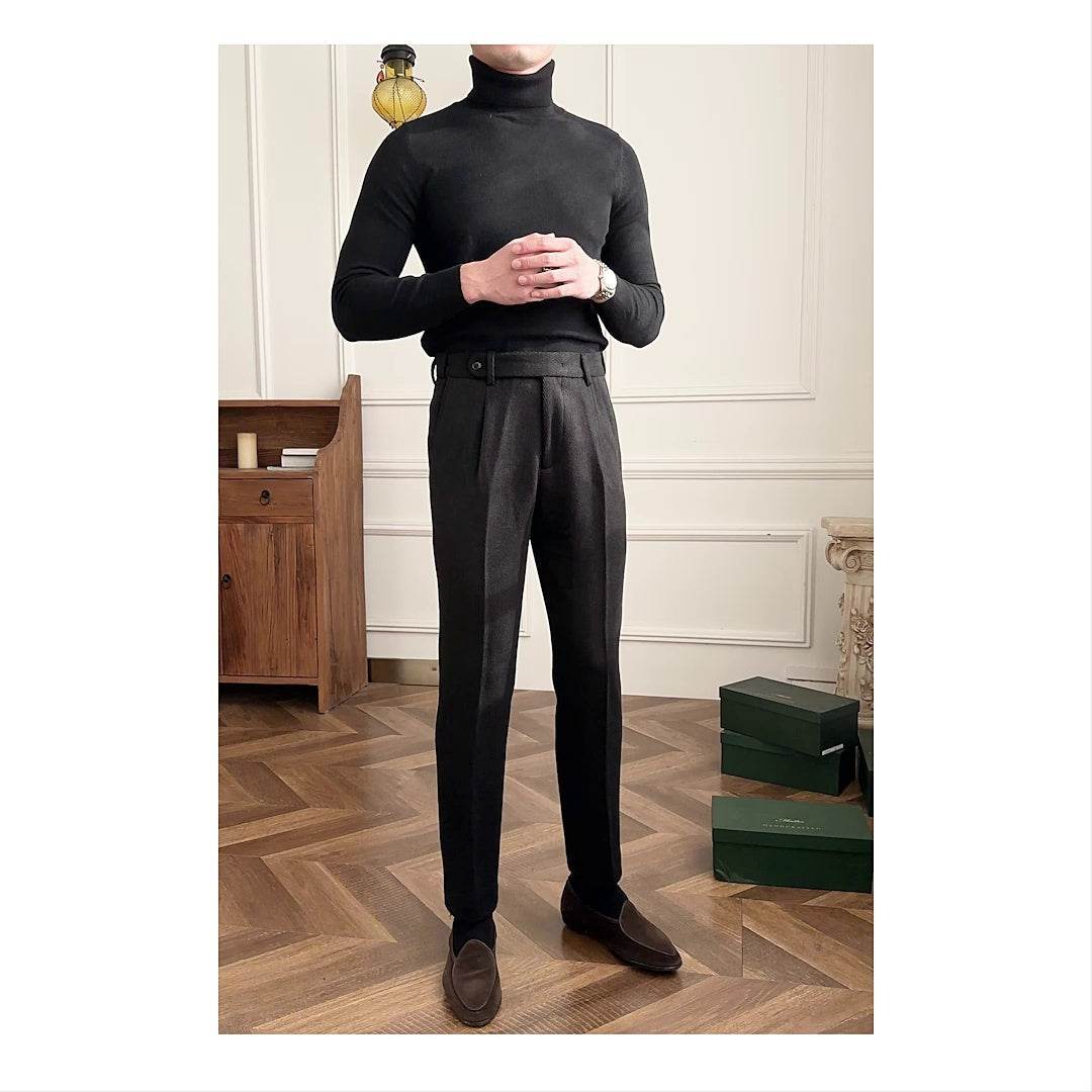 Men's Thick Herringbone Black Thermal Pants gents pants Distinguished Fine Apparel Black 29