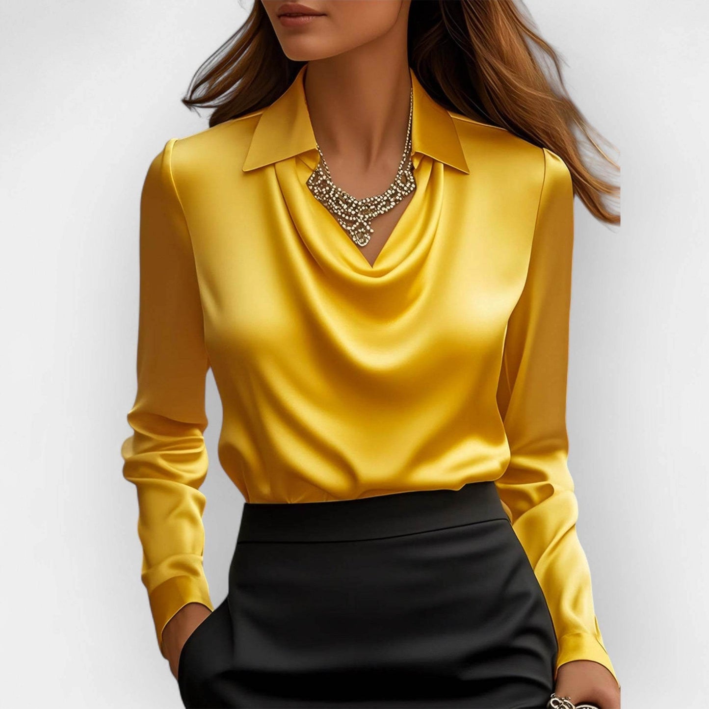 Women's Swing Collar Draped Shirt Elegant Satin - Office, Spring, Casual Top ladys shirt Distinguished Fine Apparel Yellow XS