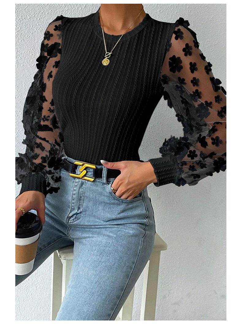Women's Mesh Small Flower Chiffon Shirt - Summer Long Sleeve Luxury ladys shirt Distinguished Fine Apparel