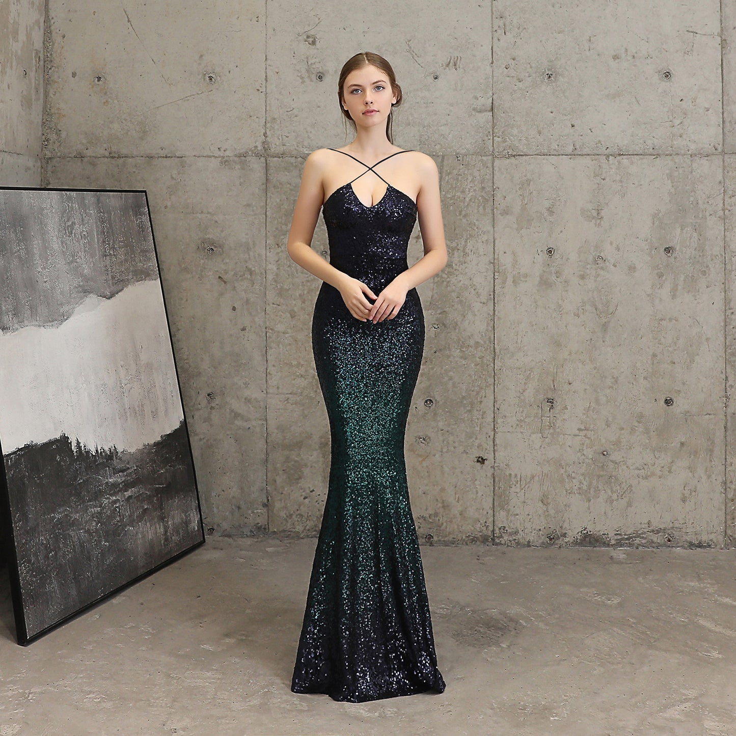 Sequin Party Dress Long Banquet Slim Fishtail Evening Dress lady's dresses Distinguished Fine Apparel Tibetan Blue Green Tibetan Blu 2XL