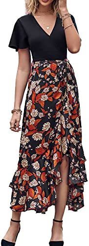 Women's Irregular Floral Dress - Short Sleeve, V-neck