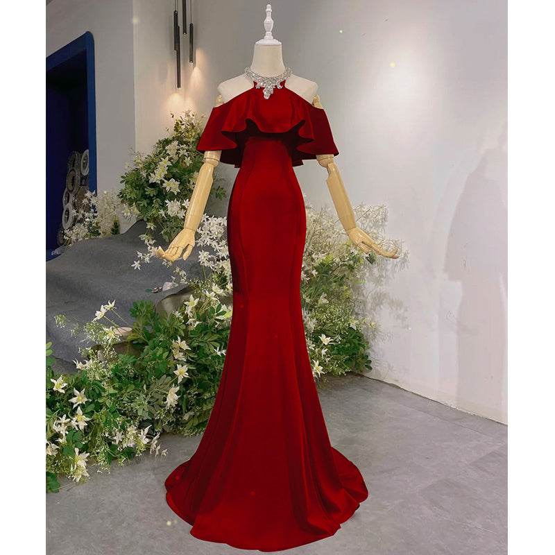 Exquisite Elegant Ladies Formal Evening Gown - Maxi, Halter, Off Shoulder ladys gown Distinguished Fine Apparel Red XS