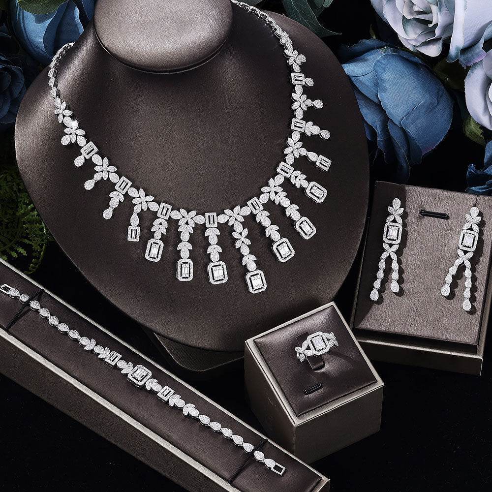 Complete Zircon Jewelry Set – Elegant 4-Piece Necklace, Earrings, Bracelet & Ring jewelry set Distinguished Fine Apparel
