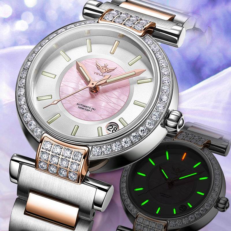 40% Off Elegant Distinctive Taste - Women's Full Automatic Waterproof Mechanical Timepiece ladys watch Distinguished Fine Apparel Steel Band Rose Pink
