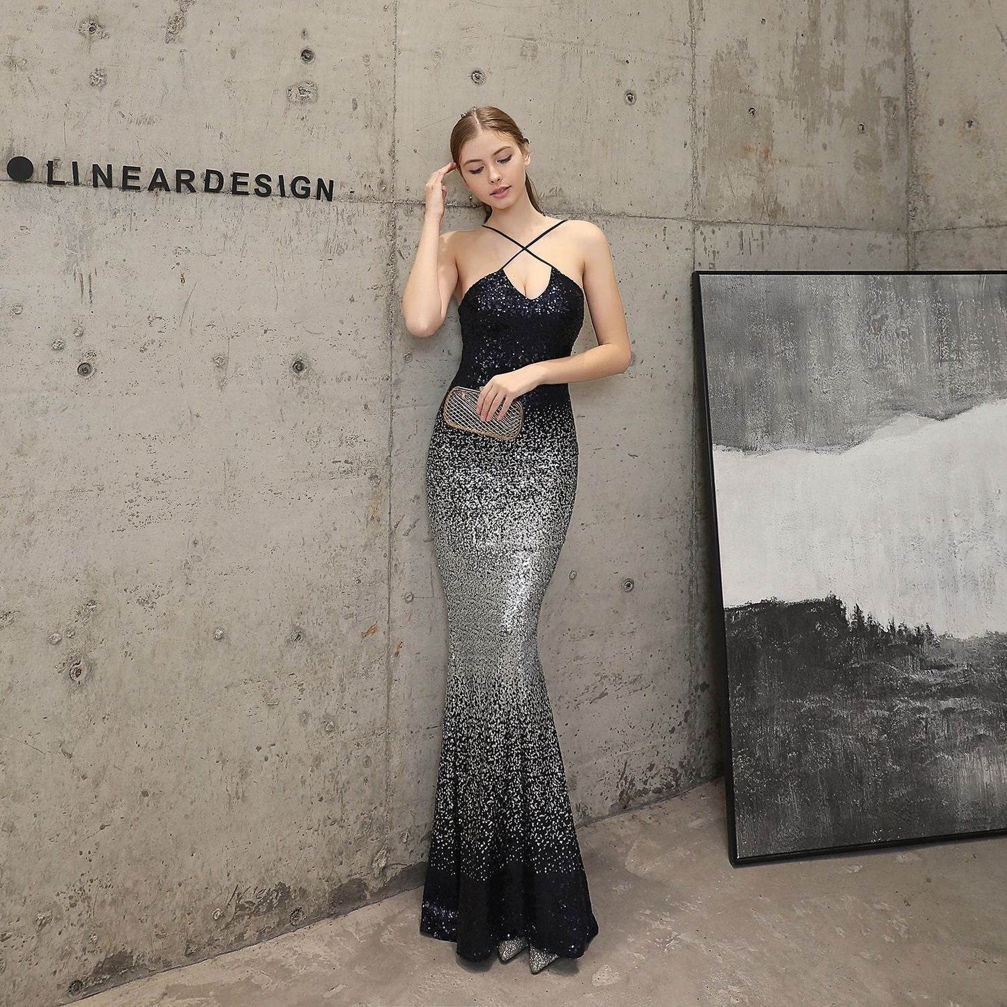 Sequin Party Dress Long Banquet Slim Fishtail Evening Dress lady's dresses Distinguished Fine Apparel Tibetan Blue Silver Tibetan Bl 2XL