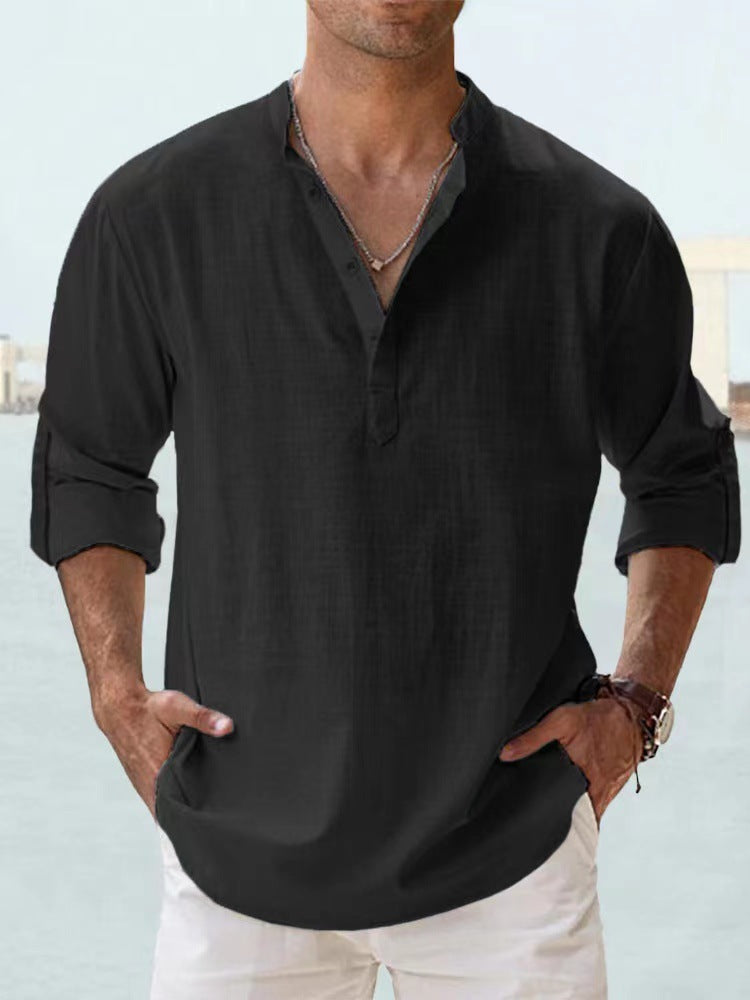 Men's Casual Linen Shirt - Spring Autumn Summer Wear Modern Gentlemen gents Shirts Distinguished Fine Apparel Black 2XL