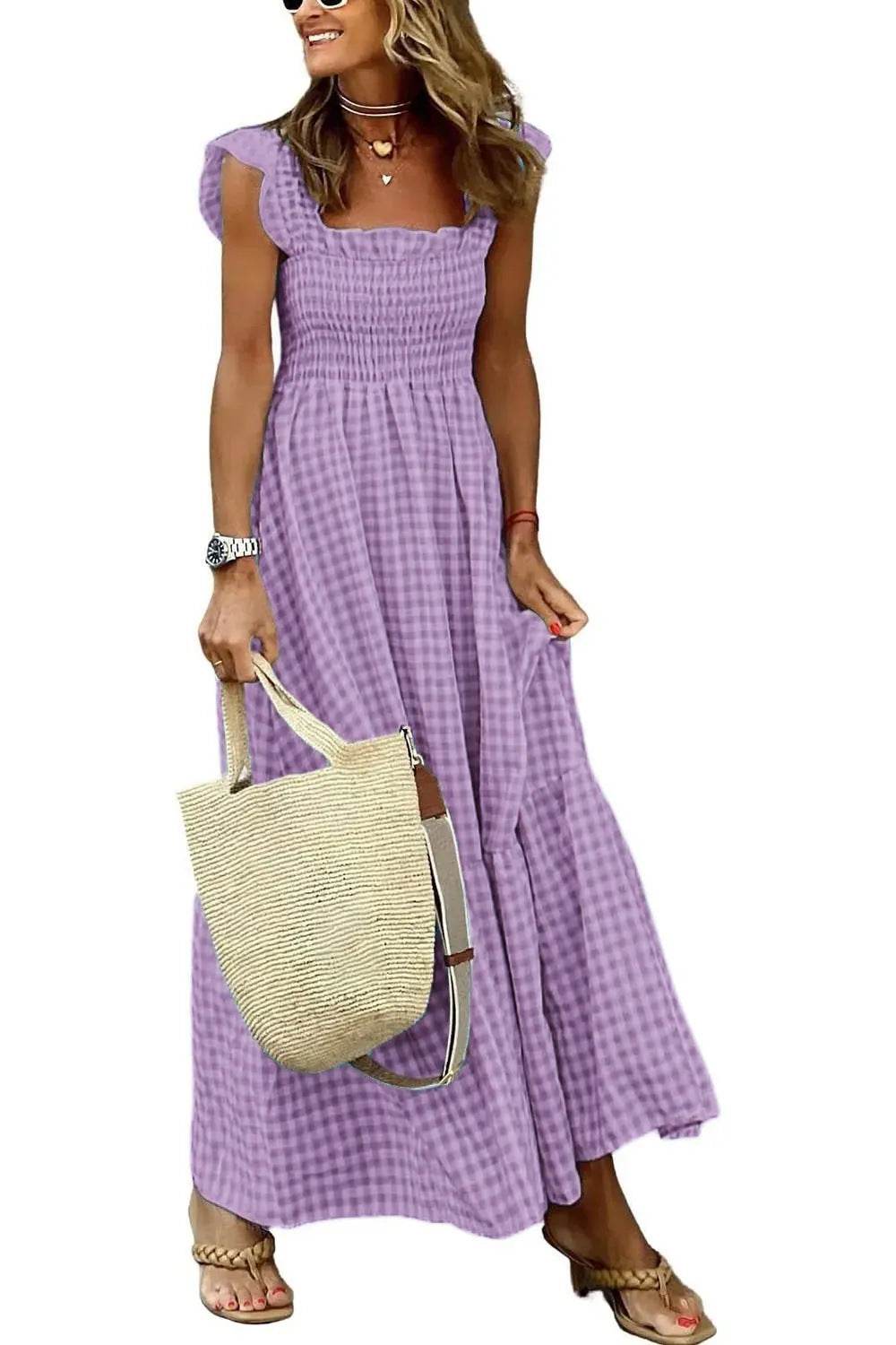 Ladies Summer Fun Classic Style Dress, Sleeveless A-line - Print Pleated and Ruffle dresses Distinguished Fine Apparel Purple 2XL