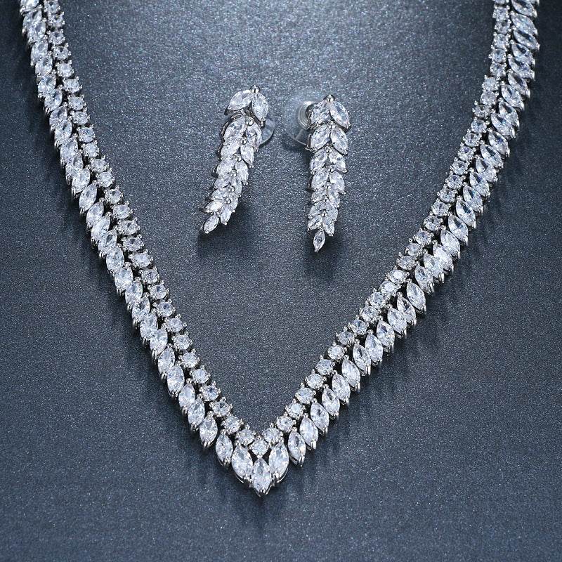 Zircon Leaf Bridal Jewelry Set – Elegant Nature-Inspired Necklace & Earrings jewelry set Distinguished Fine Apparel