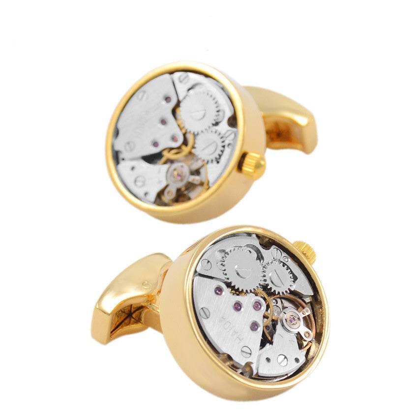 Eccentric High Grade Mechanical movement cuff links gents accessorys Distinguished Fine Apparel Gold Round