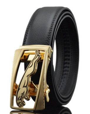 Mens Automatic Buckle Genuine Leather Belt formal wear Distinguished Fine Apparel Tiger Gold Buckle