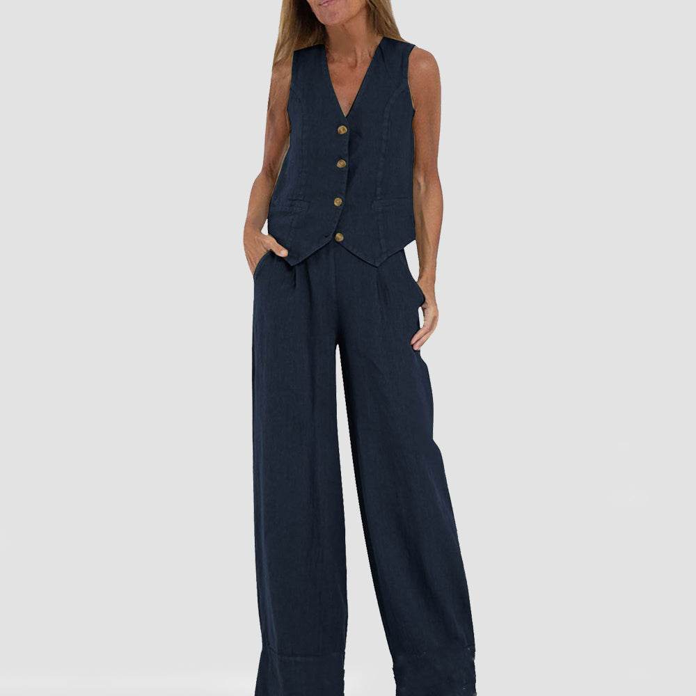 Ladies Summer Suit V-neck Sleeveless Top And Loose Trousers Casual Distinction ladys suit Distinguished Fine Apparel Navy Blue L