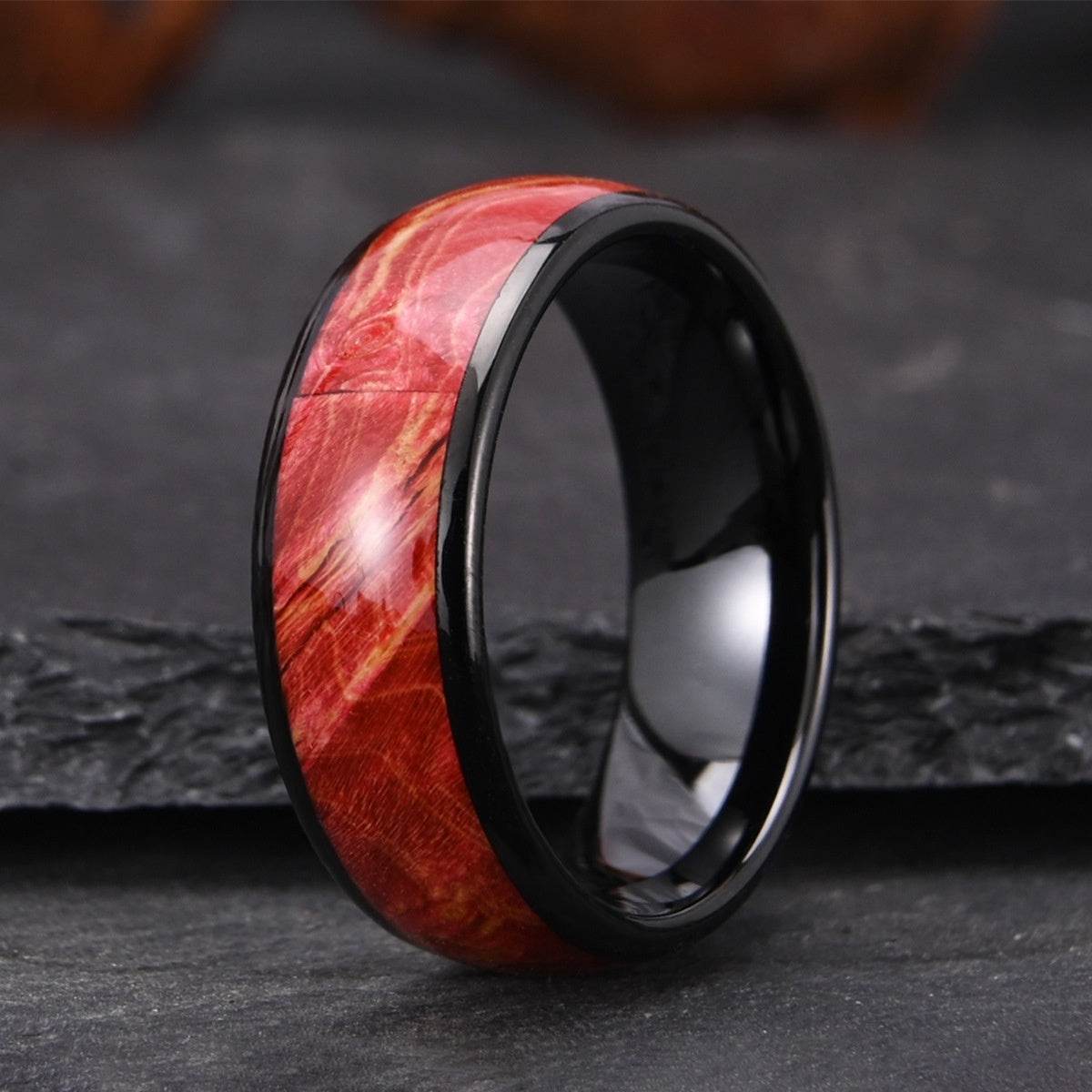 Wide Electric Black Tungsten Steel Inlaid Wood Men's Ring gents ring Distinguished Fine Apparel