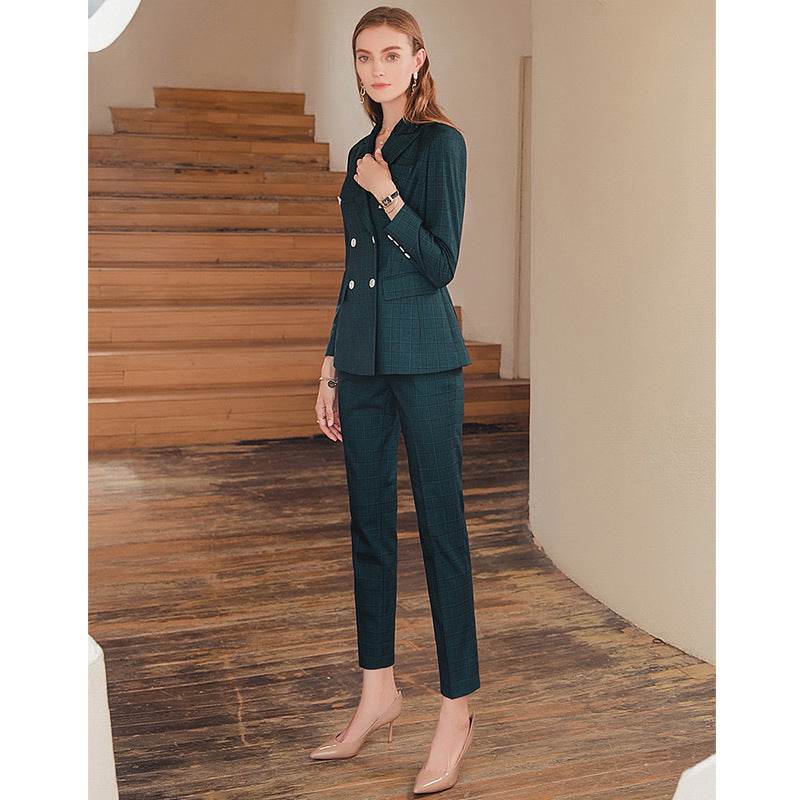Ladies High-end Professional Dark Green Plaid Suit ladys suit Distinguished Fine Apparel Dark Green Plaid Suit Coat and Pants S