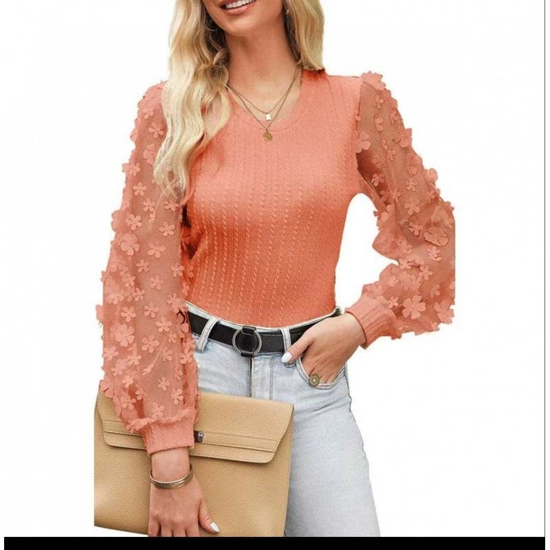 Women's Mesh Small Flower Chiffon Shirt - Summer Long Sleeve Luxury ladys shirt Distinguished Fine Apparel Orange Red 2XL