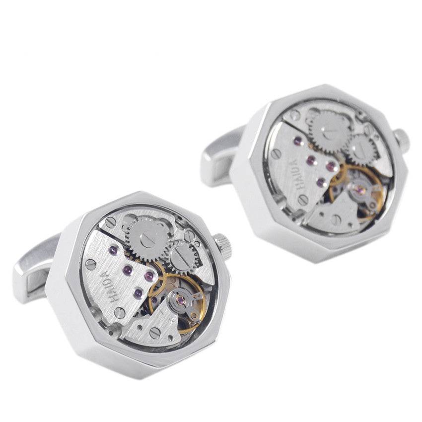 Eccentric High Grade Mechanical movement cuff links gents accessorys Distinguished Fine Apparel Silver Octagon