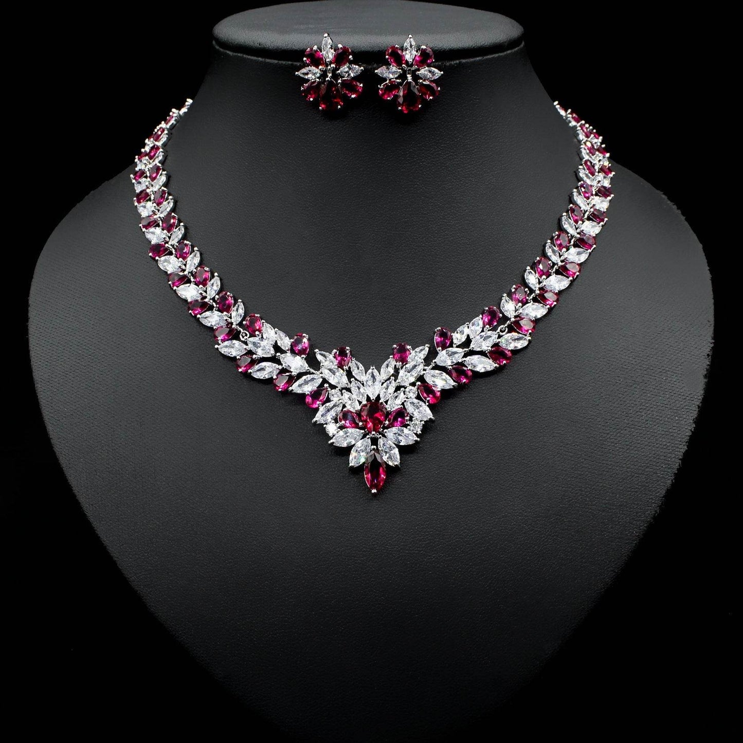 Fashion Ice Flower Zircon Jewelry Set - Sparkling Beauty with a Frosted Touch jewelry set Distinguished Fine Apparel Rose Red No box