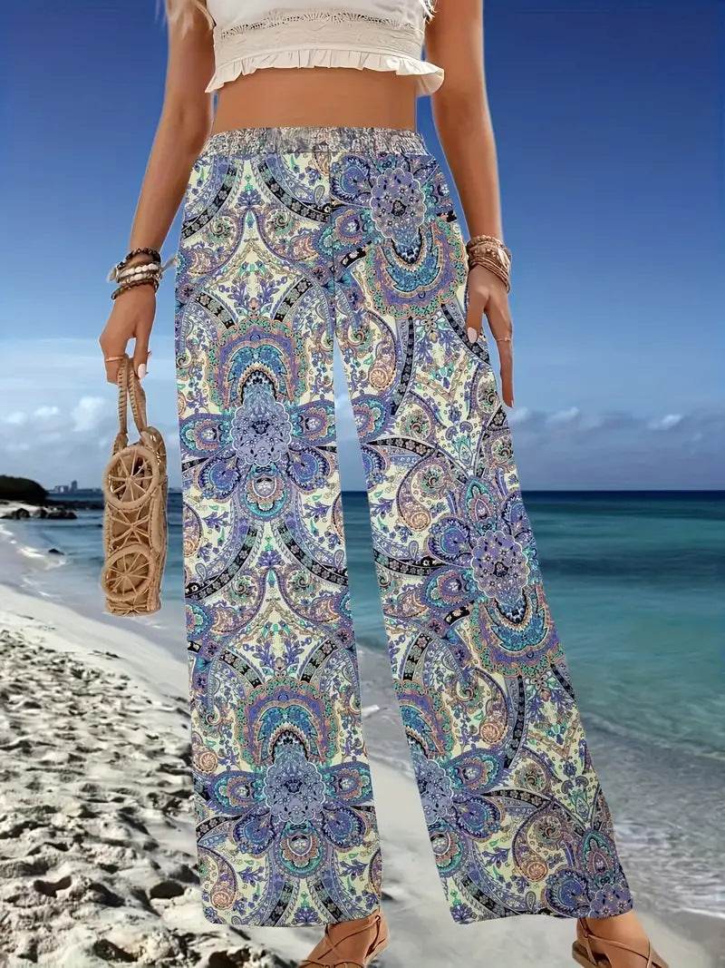 Bohemian Paisley Printed Wide leg Pants ladys pants Distinguished Fine Apparel White Blue S