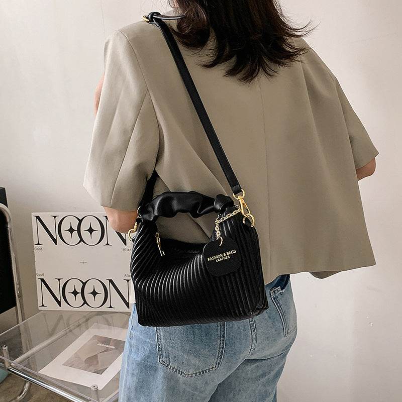 Ladies Crossbody Pleated Small Tote Bag - Casual Simple Elegant Messenger Style ladys bag Distinguished Fine Apparel Black