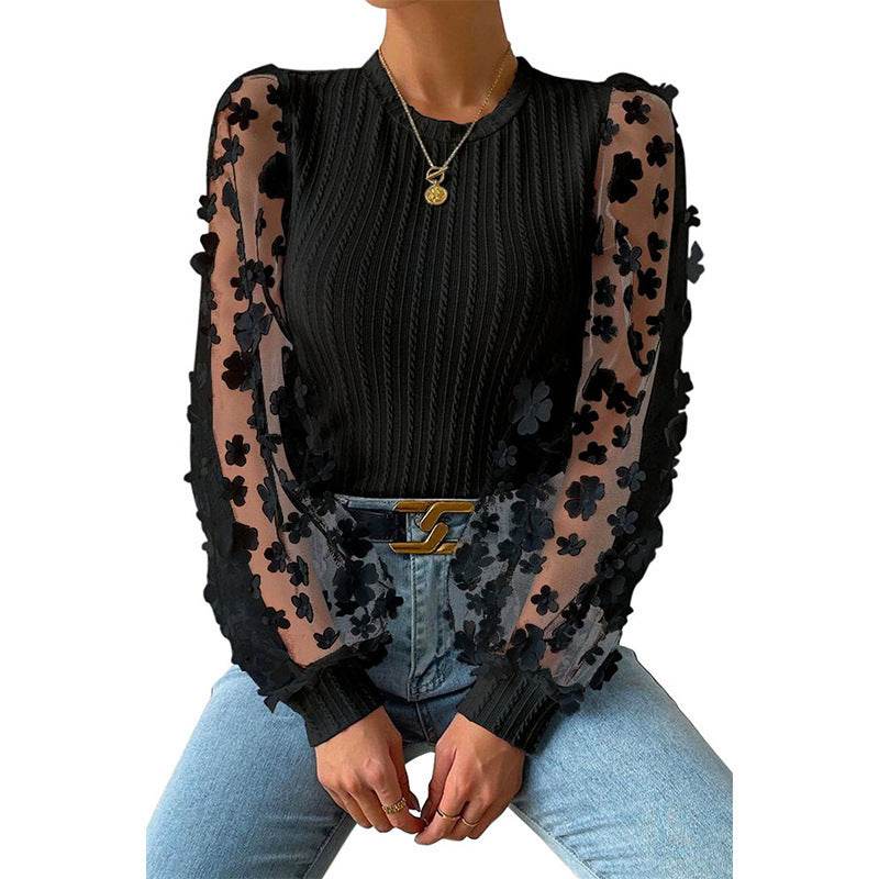 Women's Mesh Small Flower Chiffon Shirt - Summer Long Sleeve Luxury ladys shirt Distinguished Fine Apparel Black 2XL