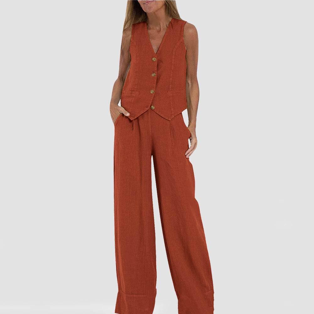Ladies Summer Suit V-neck Sleeveless Top And Loose Trousers Casual Distinction ladys suit Distinguished Fine Apparel Brown L