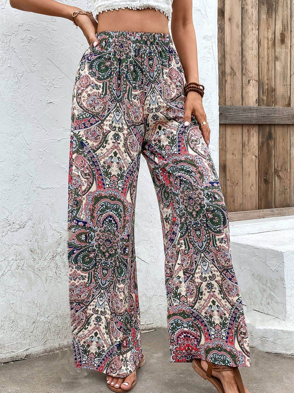 Bohemian Paisley Printed Wide leg Pants ladys pants Distinguished Fine Apparel Apricot Green S