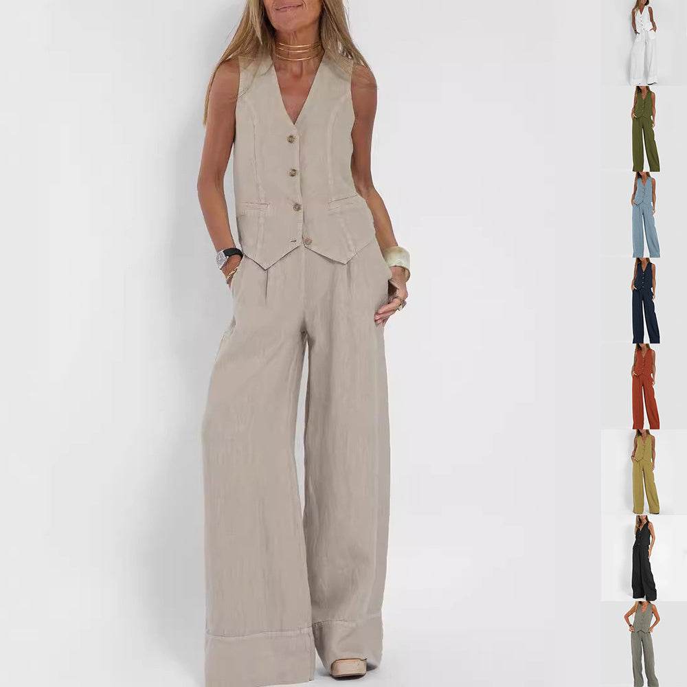 Ladies Summer Suit V-neck Sleeveless Top And Loose Trousers Casual Distinction ladys suit Distinguished Fine Apparel