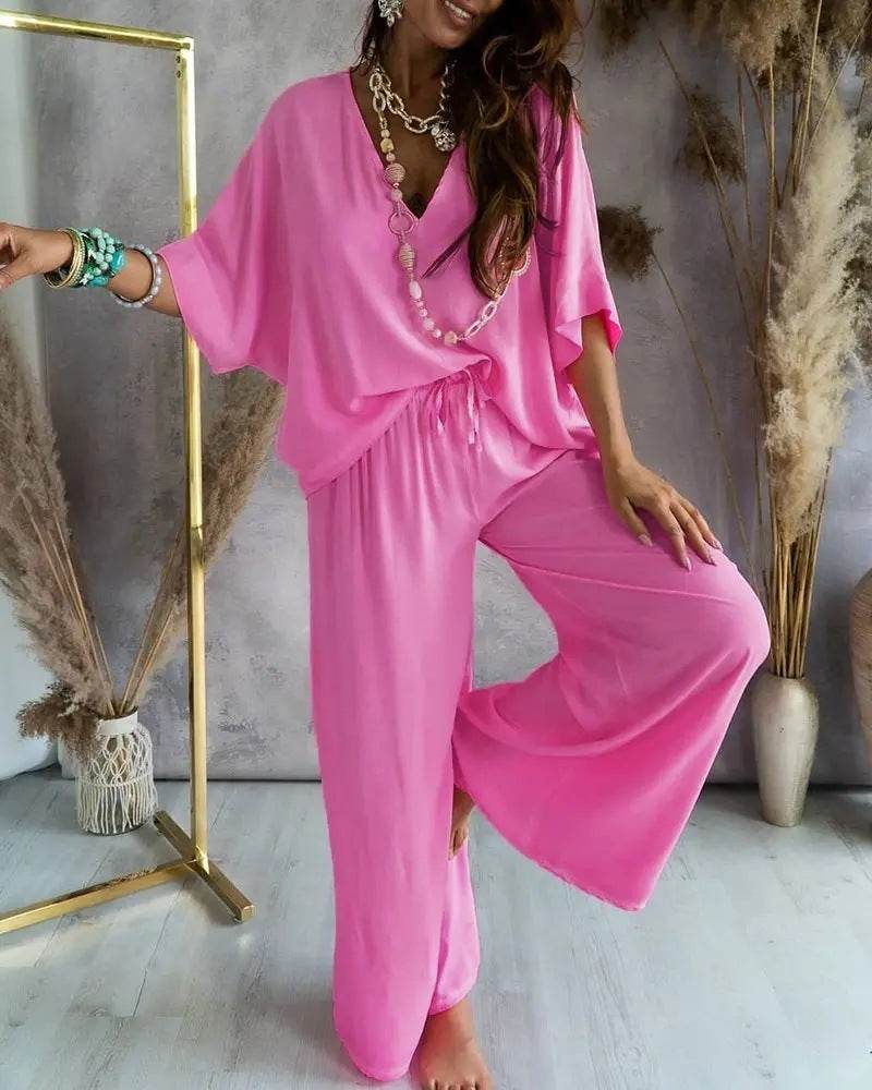 Professional Women's Bat Sleeve Top Plus Pants ladys pants Distinguished Fine Apparel Bright powder 2XL