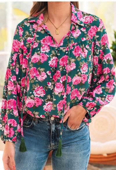 Beautiful Ladies Green Floral Printed Puff Sleeve Blouse - Puff Sleeve Elegance ladys shirt Distinguished Fine Apparel