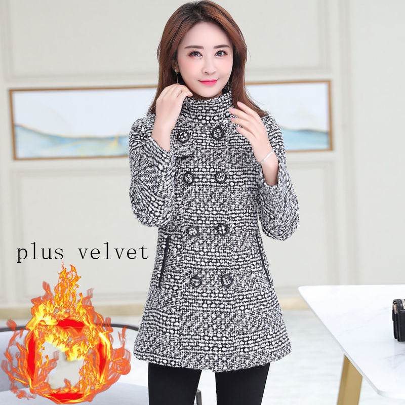 Thick Plaid woolen coat - Professional women's Over Coat ladys coats Distinguished Fine Apparel Black plus velvet 3XL