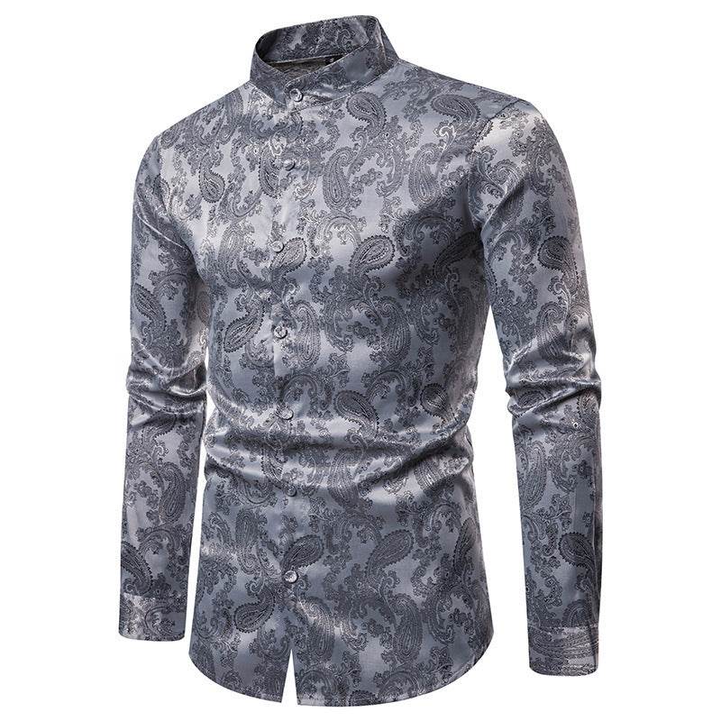 Men's Long Sleeved Shirt - High-end Cashew Flower Lapel Design Men's Shirts Distinguished Fine Apparel Grey 2XL