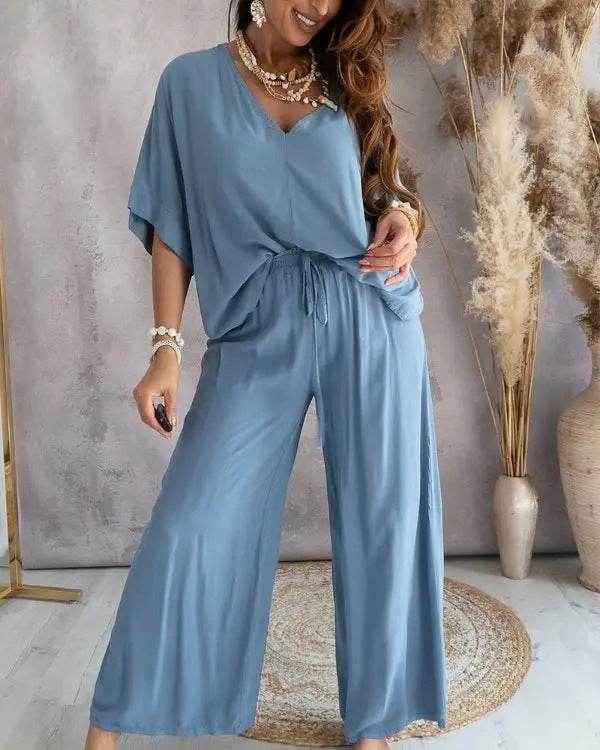 Professional Women's Bat Sleeve Top Plus Pants ladys pants Distinguished Fine Apparel Malachite blue 2XL