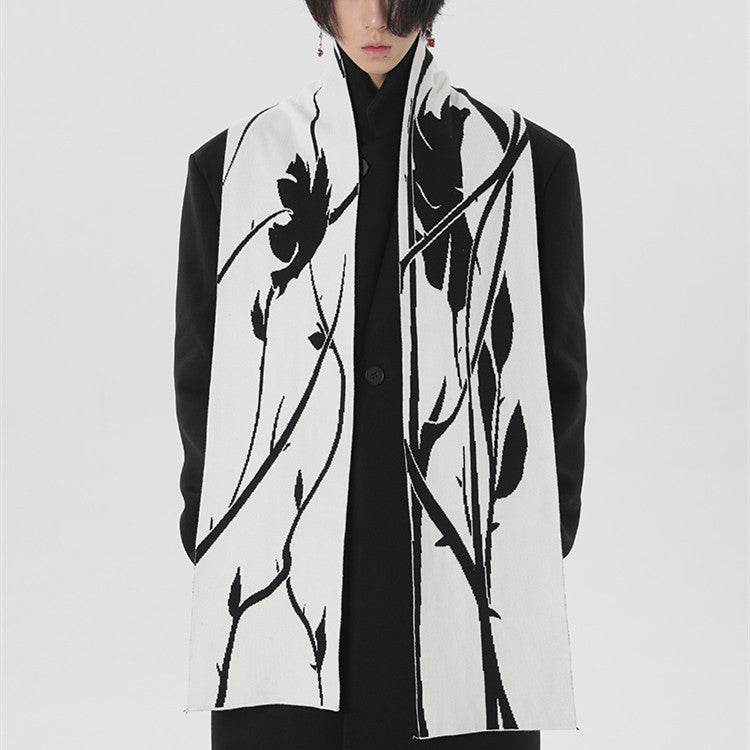 Original Hand-painted Black And White Thorn Rose Winter Scarf - Warmer Angora Skaf Distinguished Fine Apparel