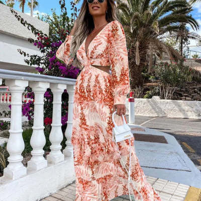 Elegant Women's Dress Long Spring and Summer Flow Women's dress Distinguished Fine Apparel Orange 2XL