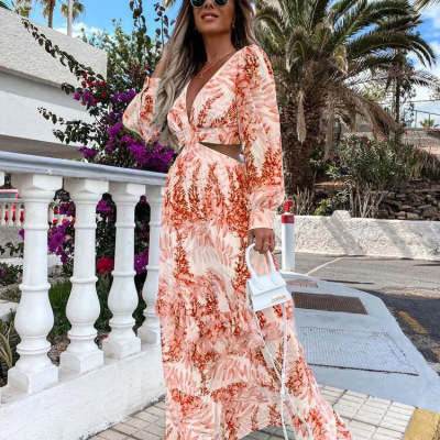 Elegant Women's Sleeve Dress for Long Spring and Summer Flow Women's dress Distinguished Fine Apparel Orange 2XL