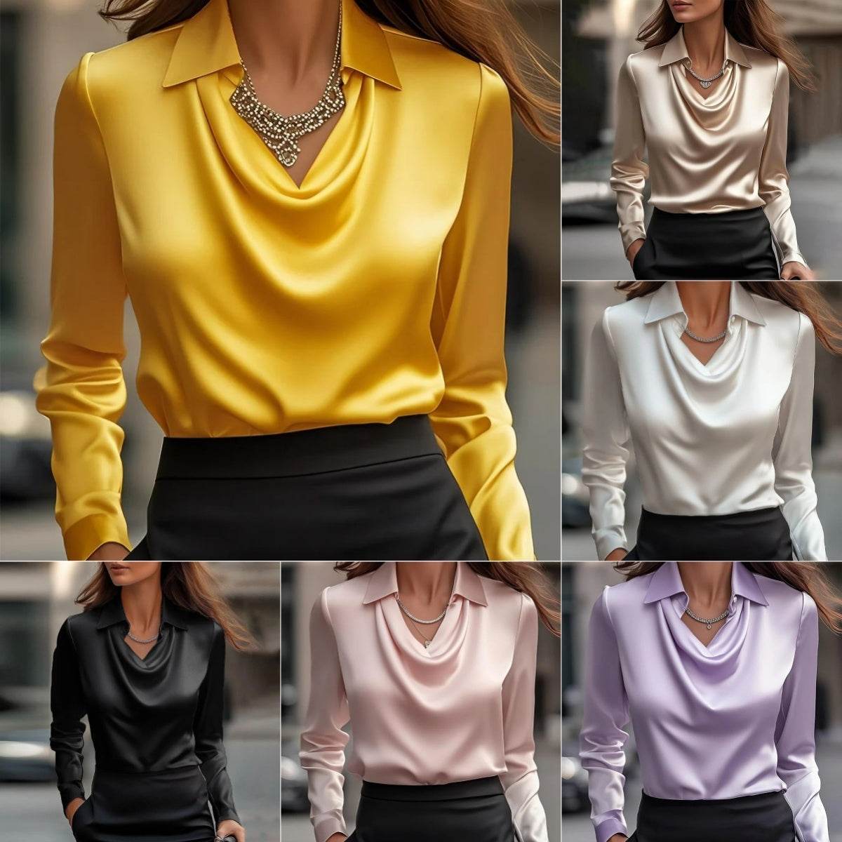 Women's Swing Collar Draped Shirt Elegant Satin - Office, Spring, Casual Top ladys shirt Distinguished Fine Apparel