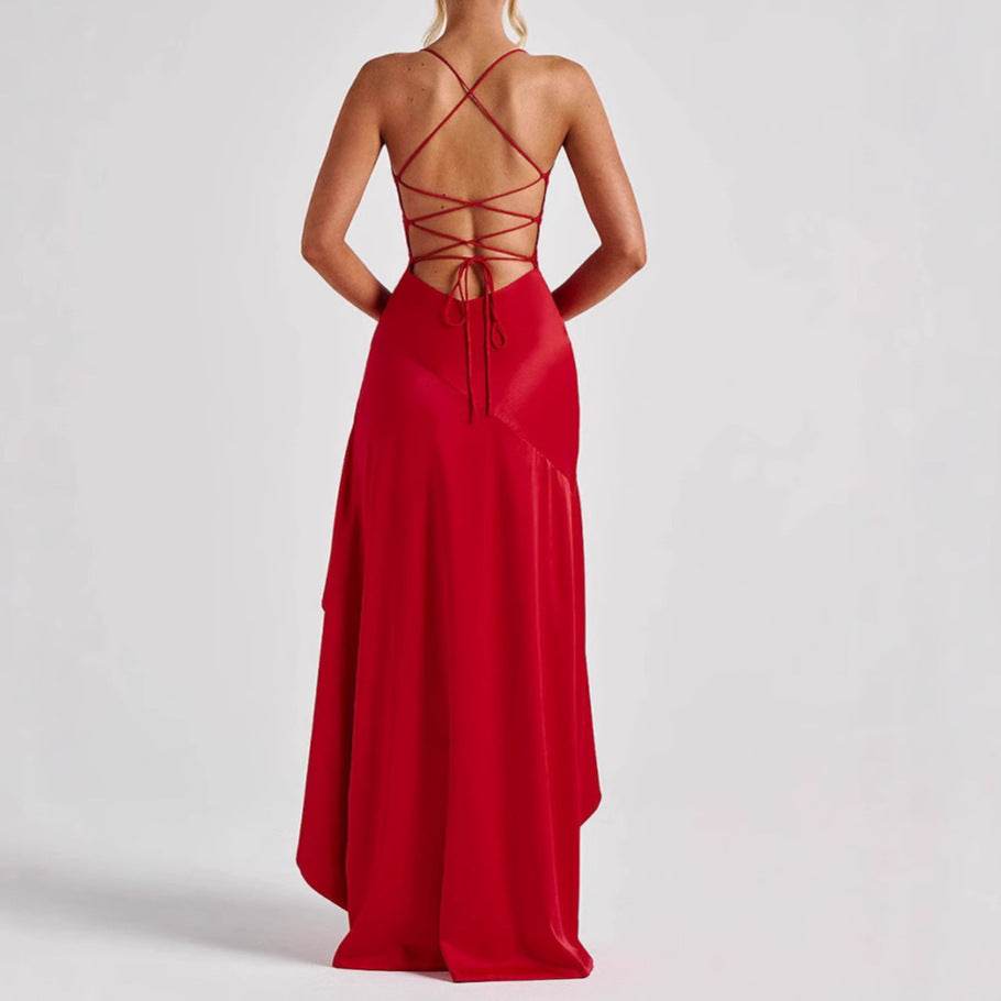 Women's Backless Ruffles Dress - Split Suspender Maxi Dresses - Evening Party Wear ladys dresses Distinguished Fine Apparel