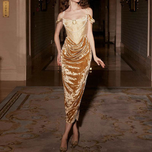 Women's Exotic Gold Jacquard Suspender Dress – Fishbone Stitching Design ladys gown Distinguished Fine Apparel