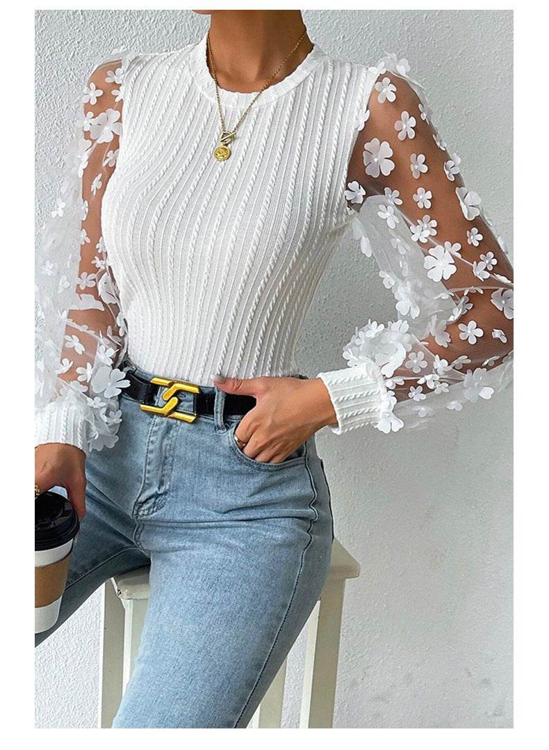 Women's Mesh Small Flower Chiffon Shirt - Summer Long Sleeve Luxury ladys shirt Distinguished Fine Apparel