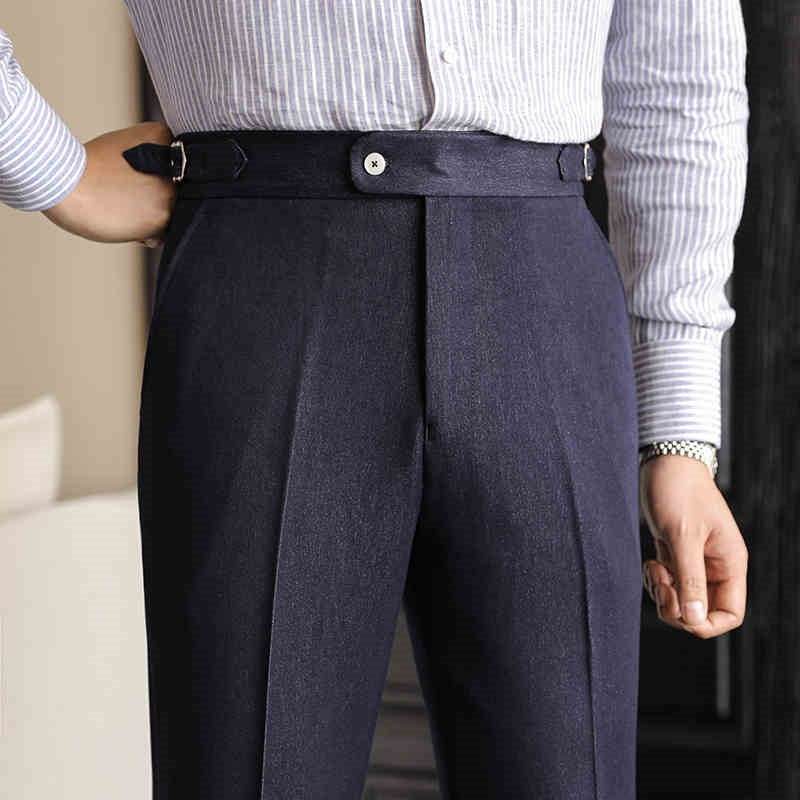 Casual High-waisted Men's Non-ironing Elastic Hanging Pants Naples Solid Color Dress Pants formal wear Distinguished Fine Apparel Navy blue 29